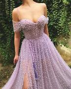 Beautiful Long A-line Sweetheart Off the Shoulder Tulle Prom Dress with Slit by BIZTUNNEL