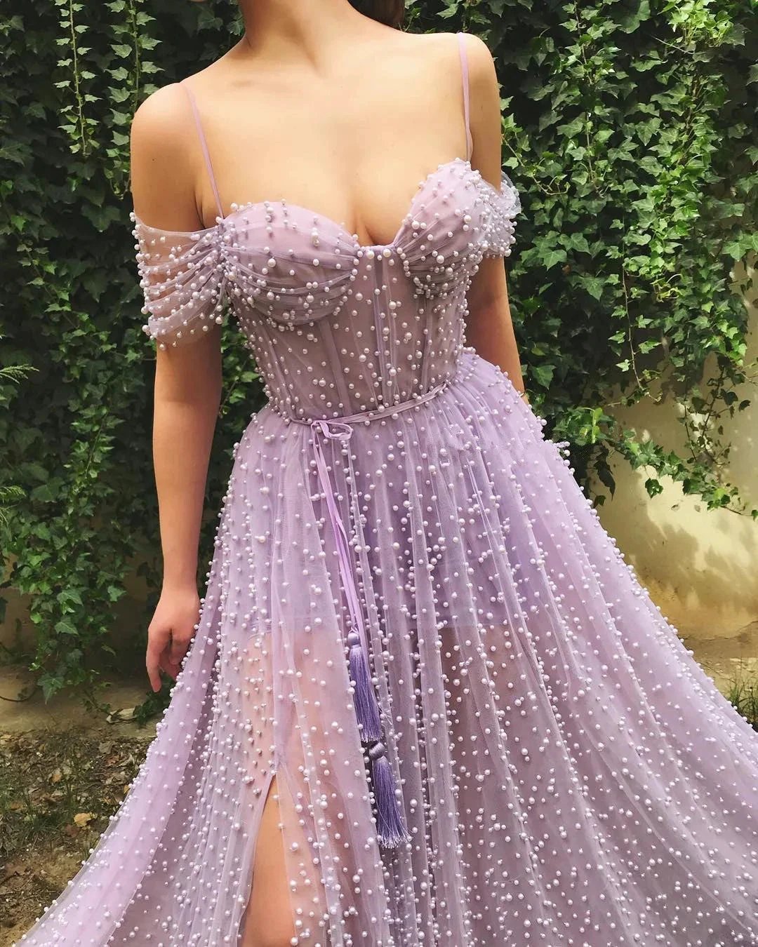 Beautiful Long A-line Sweetheart Off the Shoulder Tulle Prom Dress with Slit by BIZTUNNEL