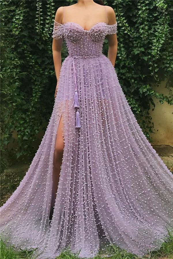 Beautiful Long A-line Sweetheart Off the Shoulder Tulle Prom Dress with Slit by BIZTUNNEL
