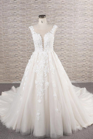 Wunderschönes langes rückenfreies A-Linien-Brautkleid mit Tüll und Spitzenapplikationen