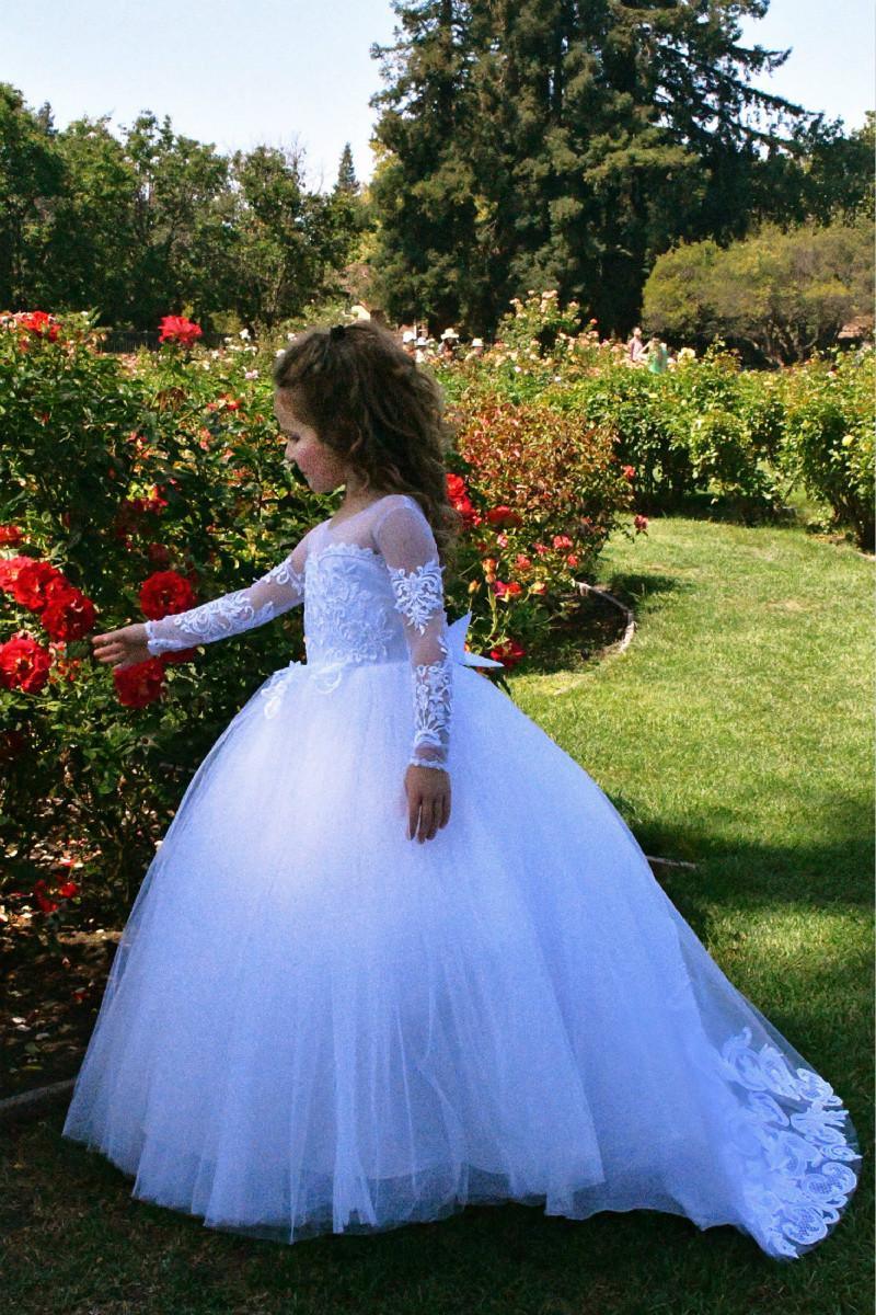 Beautiful Long A-line Tulle Lace Beaded Flower Girl Dresses With Sleeves - photo 3