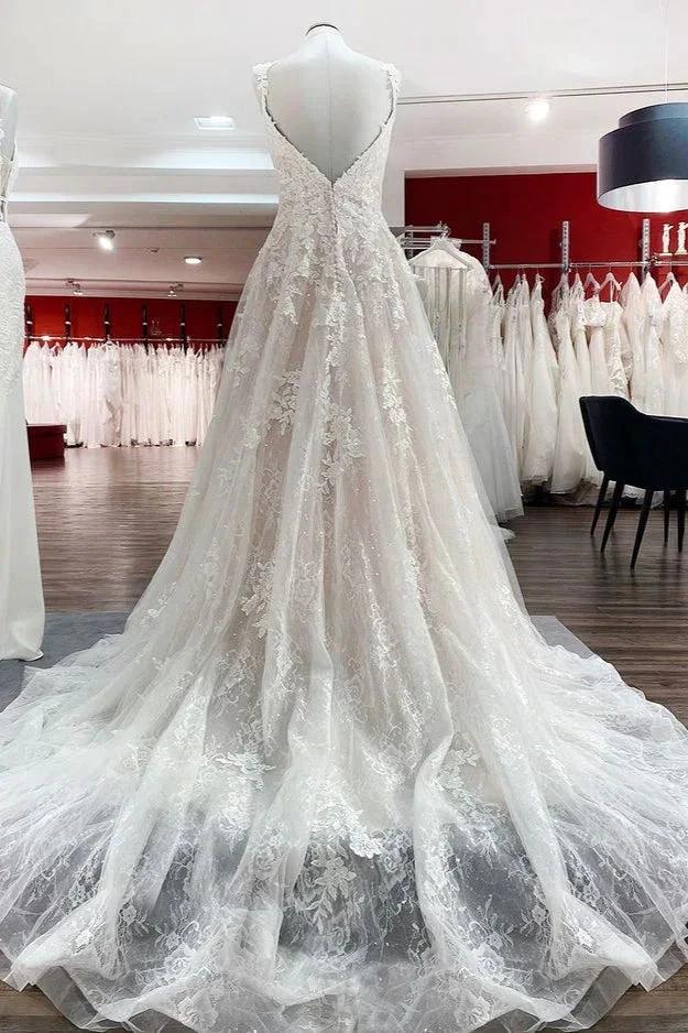Beautiful Long A-line Tulle Lace V Neck Open Back Wedding Dresses by BIZTUNNEL