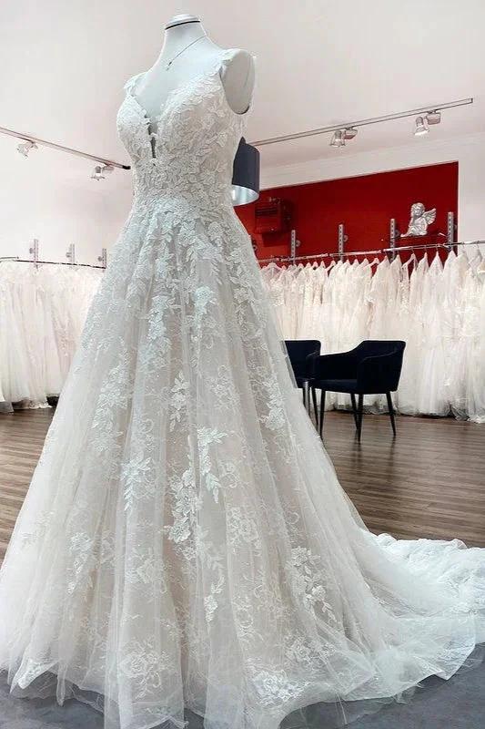 Beautiful Long A-line Tulle Lace V Neck Open Back Wedding Dresses by BIZTUNNEL