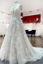 Beautiful Long A-line Tulle Lace V Neck Open Back Wedding Dresses by BIZTUNNEL