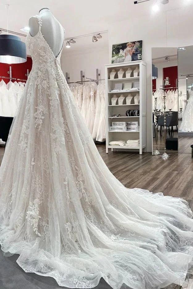 Beautiful Long A-line Tulle Lace V Neck Open Back Wedding Dresses by BIZTUNNEL