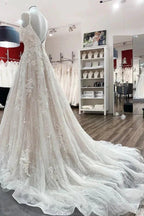 Beautiful Long A-line Tulle Lace V Neck Open Back Wedding Dresses by BIZTUNNEL