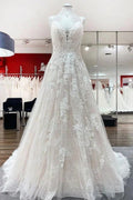 Beautiful Long A-line Tulle Lace V Neck Open Back Wedding Dresses by BIZTUNNEL
