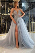 Beautiful Long A-line V-neck Glitter Beading Evening Dresses With Slit by misshow.com