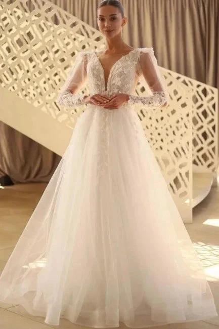 Beautiful Long A-line V-neck Lace Tulle Wedding Dress With Long Sleeves by misshow.com