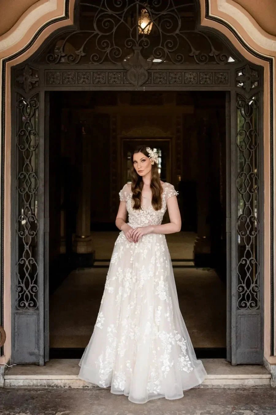Beautiful Long A-line V-neck Lace Wedding Dresses With Cap Sleeves by misshow.com