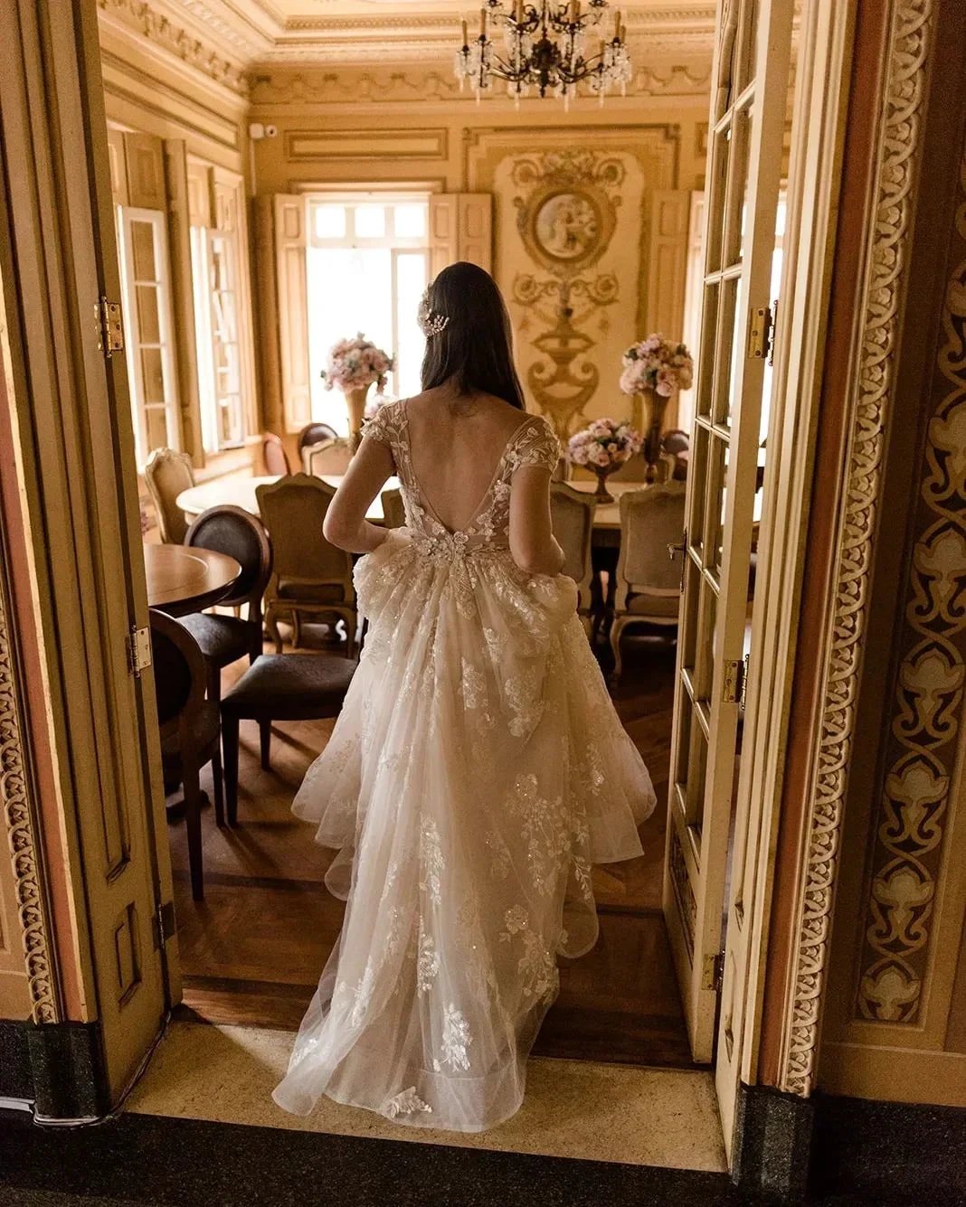 Beautiful Long A-line V-neck Lace Wedding Dresses With Cap Sleeves by misshow.com