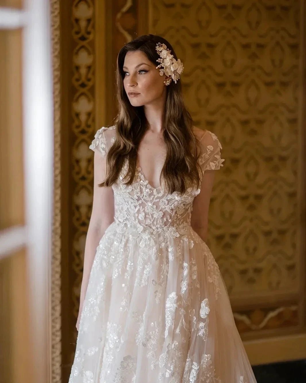 Beautiful Long A-line V-neck Lace Wedding Dresses With Cap Sleeves by misshow.com