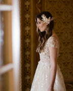 Beautiful Long A-line V-neck Lace Wedding Dresses With Cap Sleeves by misshow.com