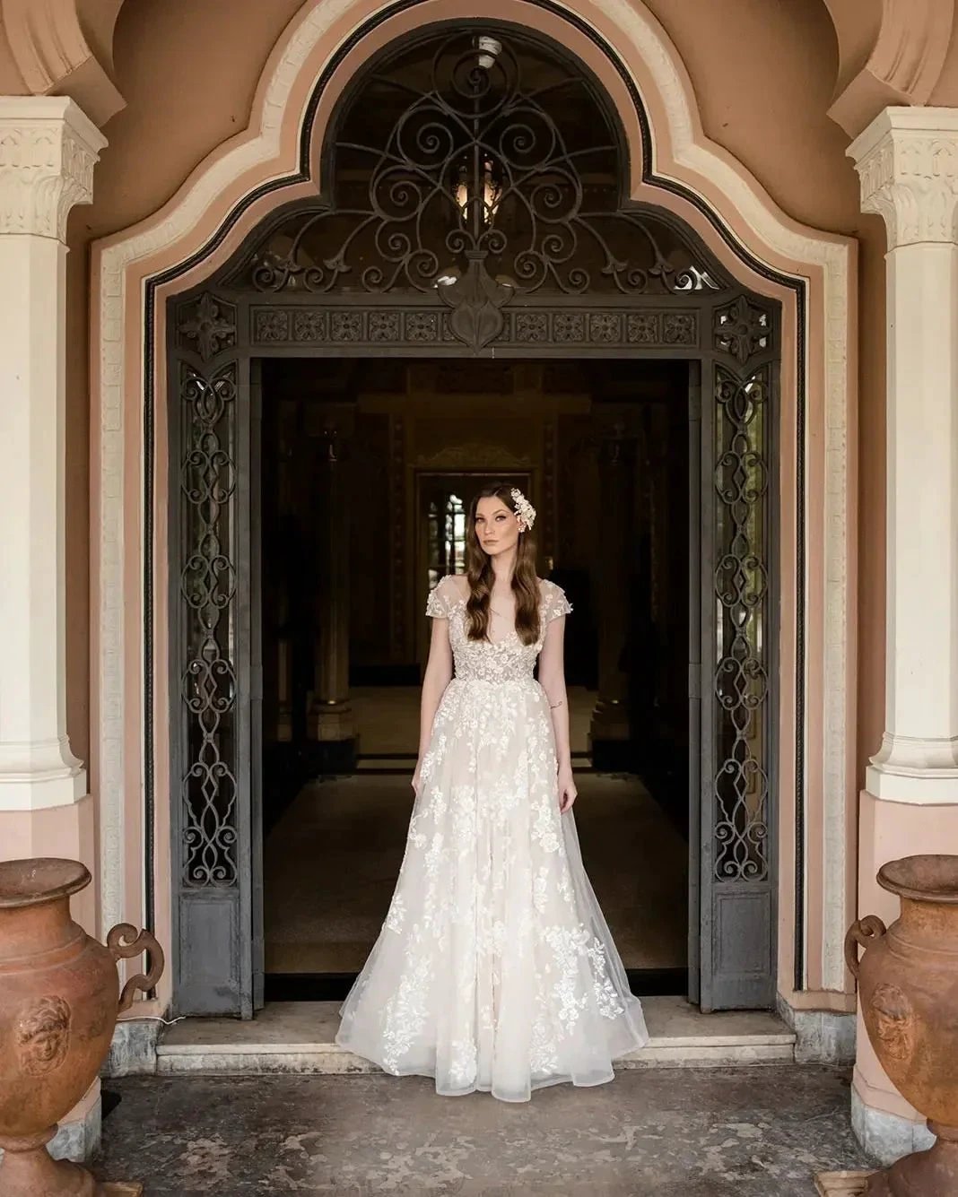 Beautiful Long A-line V-neck Lace Wedding Dresses With Cap Sleeves by misshow.com