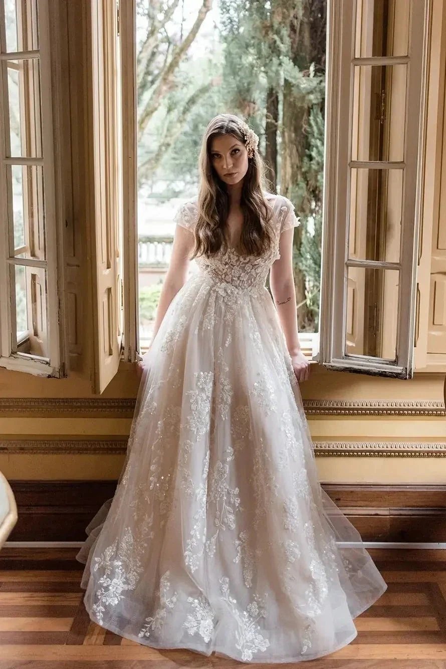 Beautiful Long A-line V-neck Lace Wedding Dresses With Cap Sleeves by misshow.com