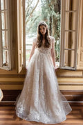 Beautiful Long A-line V-neck Lace Wedding Dresses With Cap Sleeves by misshow.com