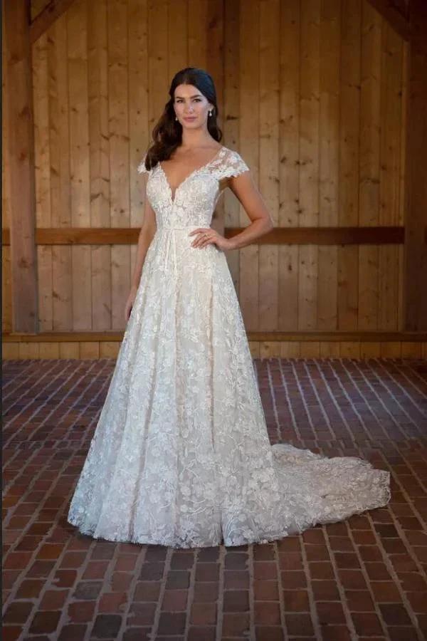 Beautiful Long A-line V-neck Sleeveless Wedding Dresses with Lace by misshow.com