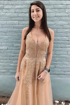 Beautiful Long A-line V-neck Tulle Backless Formal Prom Dresses by BIZTUNNEL