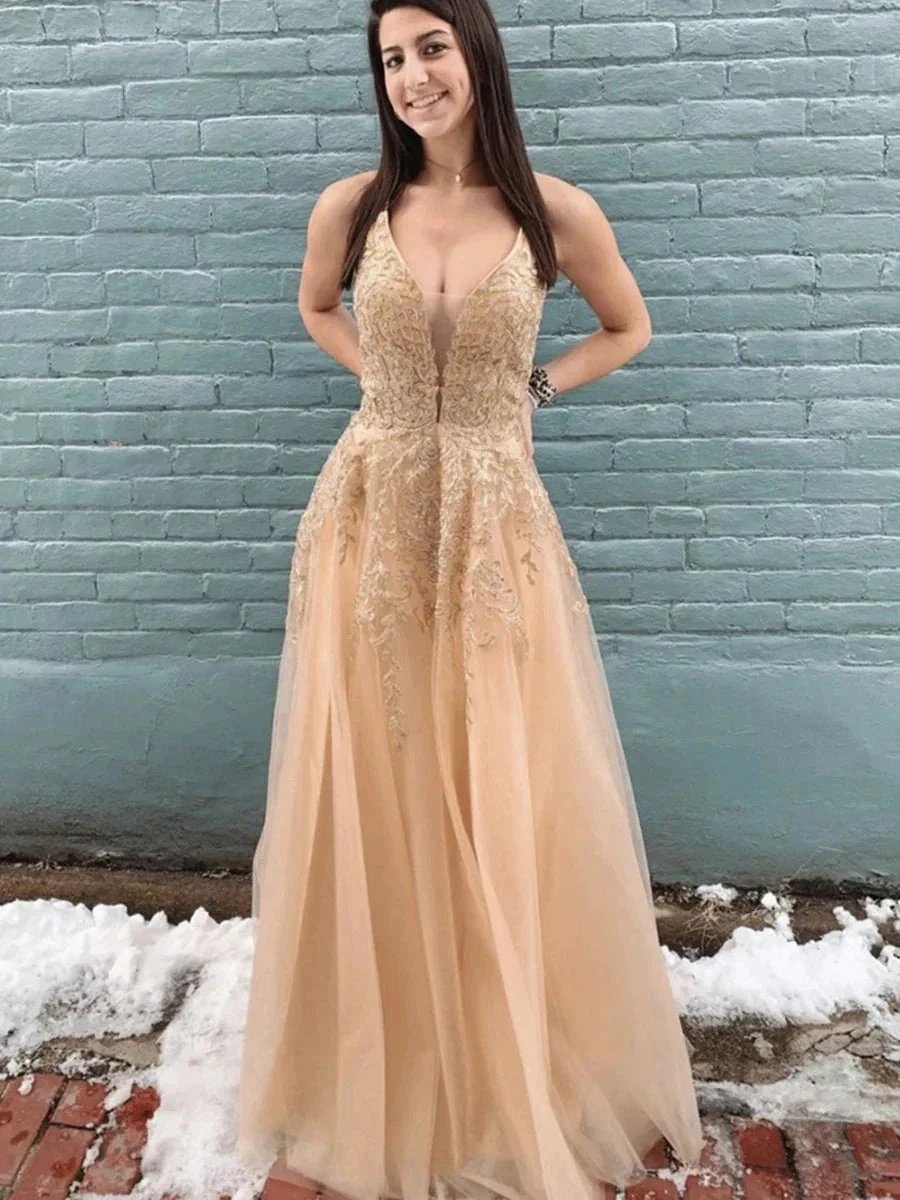 Beautiful Long A-line V-neck Tulle Backless Formal Prom Dresses by BIZTUNNEL