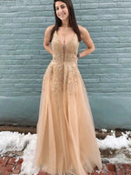 Beautiful Long A-line V-neck Tulle Backless Formal Prom Dresses by BIZTUNNEL