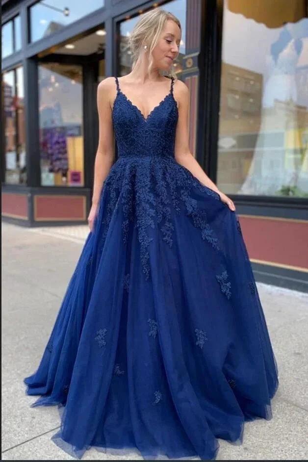 Beautiful Long A-line V-neck Tulle Backless Prom Dress with Appliques Lace by BIZTUNNEL