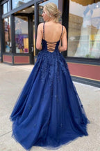 Beautiful Long A-line V-neck Tulle Backless Prom Dress with Appliques Lace by BIZTUNNEL