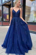 Beautiful Long A-line V-neck Tulle Backless Prom Dress with Appliques Lace by BIZTUNNEL