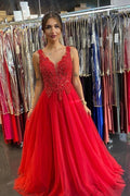 Beautiful Long A-line V-neck Tulle Open Back Prom Dress with Appliques Lace by BIZTUNNEL