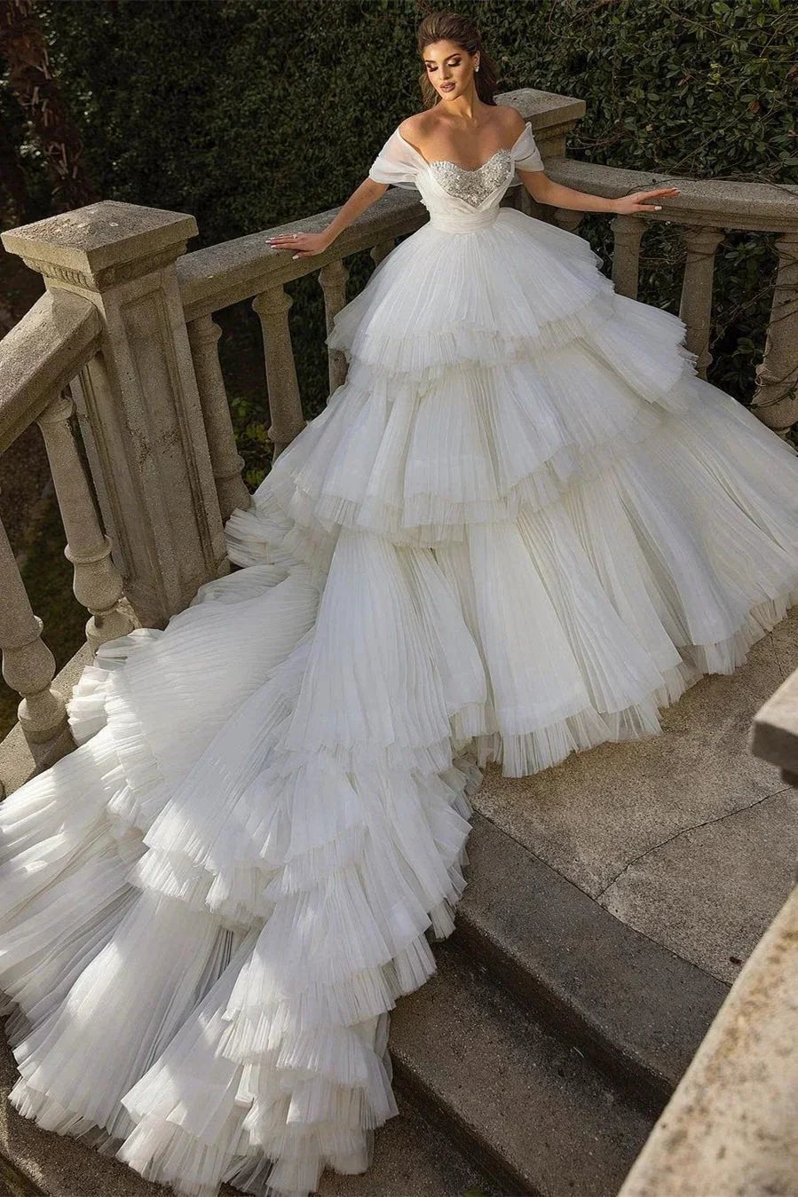 Beautiful Long Ball Gown Ruched Portrait Cathedral Wedding Dresses With Beading by misshow.com