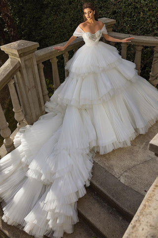 Beautiful Long Ball Gown Ruched Portrait  Cathedral Wedding Dresses With Beading