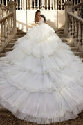 Beautiful Long Ball Gown Ruched Portrait Cathedral Wedding Dresses With Beading by misshow.com