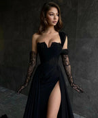 Beautiful Long Black A-line One Shoulder Sleeveless Lace Prom Dress With Sit by misshow.com