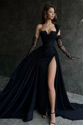 Beautiful Long Black A-line One Shoulder Sleeveless Lace Prom Dress With Sit by misshow.com