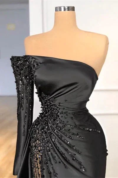 Beautiful Long Black Off-the-shoulder Beading Prom Dress With Long Sleeve by misshow.com