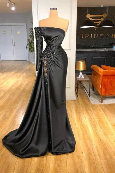 Beautiful Long Black Off-the-shoulder Beading Prom Dress With Long Sleeve by misshow.com