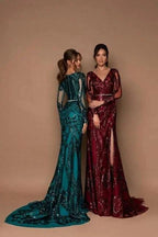 Beautiful Long Black V-neck Mermaid Glitter Evening Dresses with Long Sleeves by misshow.com