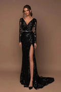 Beautiful Long Black V-neck Mermaid Glitter Evening Dresses with Long Sleeves by misshow.com