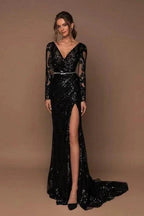 Beautiful Long Black V-neck Mermaid Glitter Evening Dresses with Long Sleeves by misshow.com