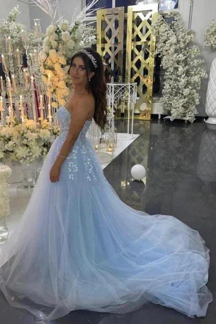 Beautiful Long Blue A-line Appliques Sleeveless Evening Dresses With Lace by misshow.com