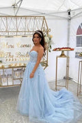 Beautiful Long Blue A-line Appliques Sleeveless Evening Dresses With Lace by misshow.com