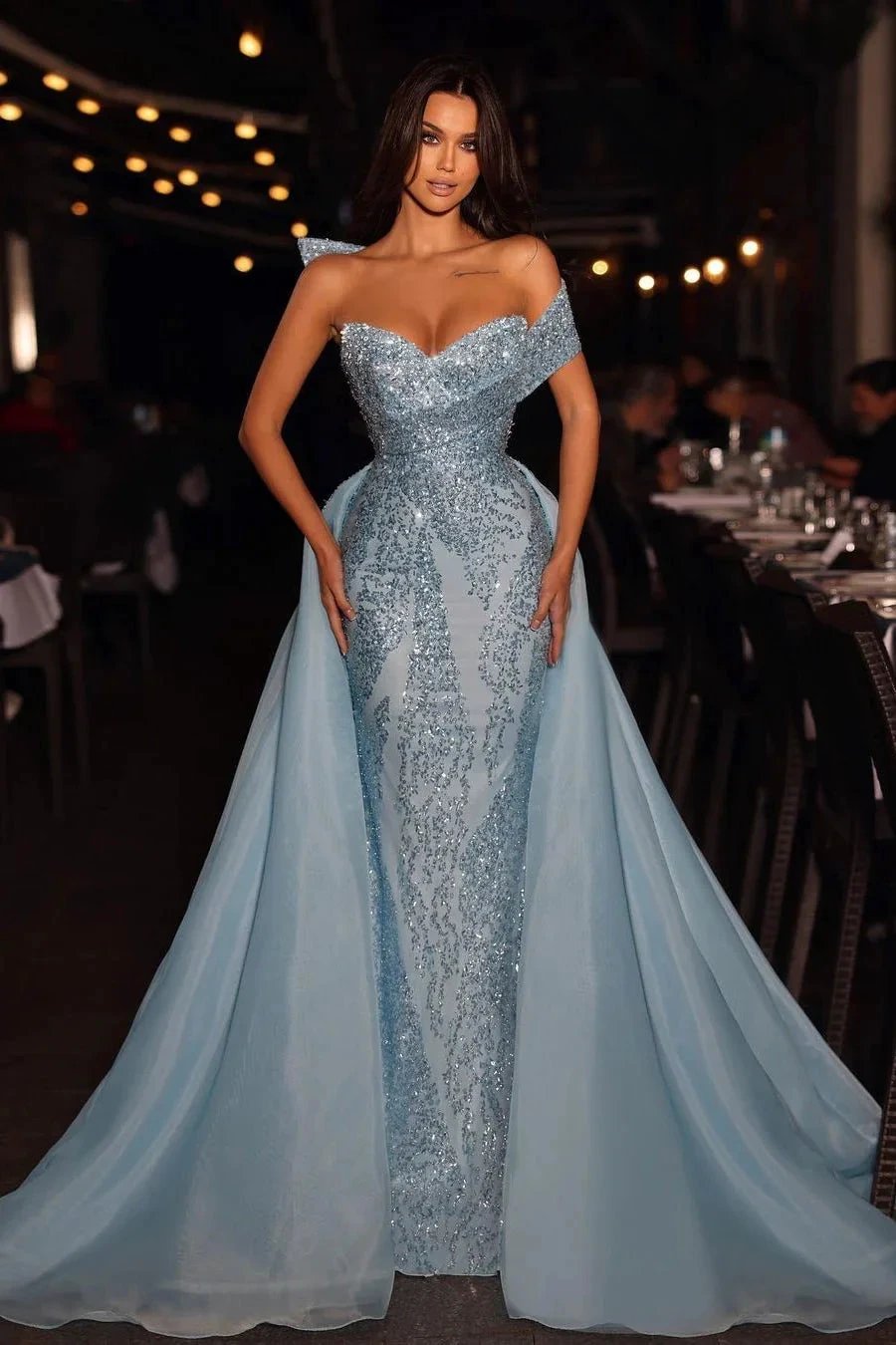 Beautiful Long Blue Off-the-shoulder Sequined Sleeveless Prom Dress With Detachable Train by misshow.com