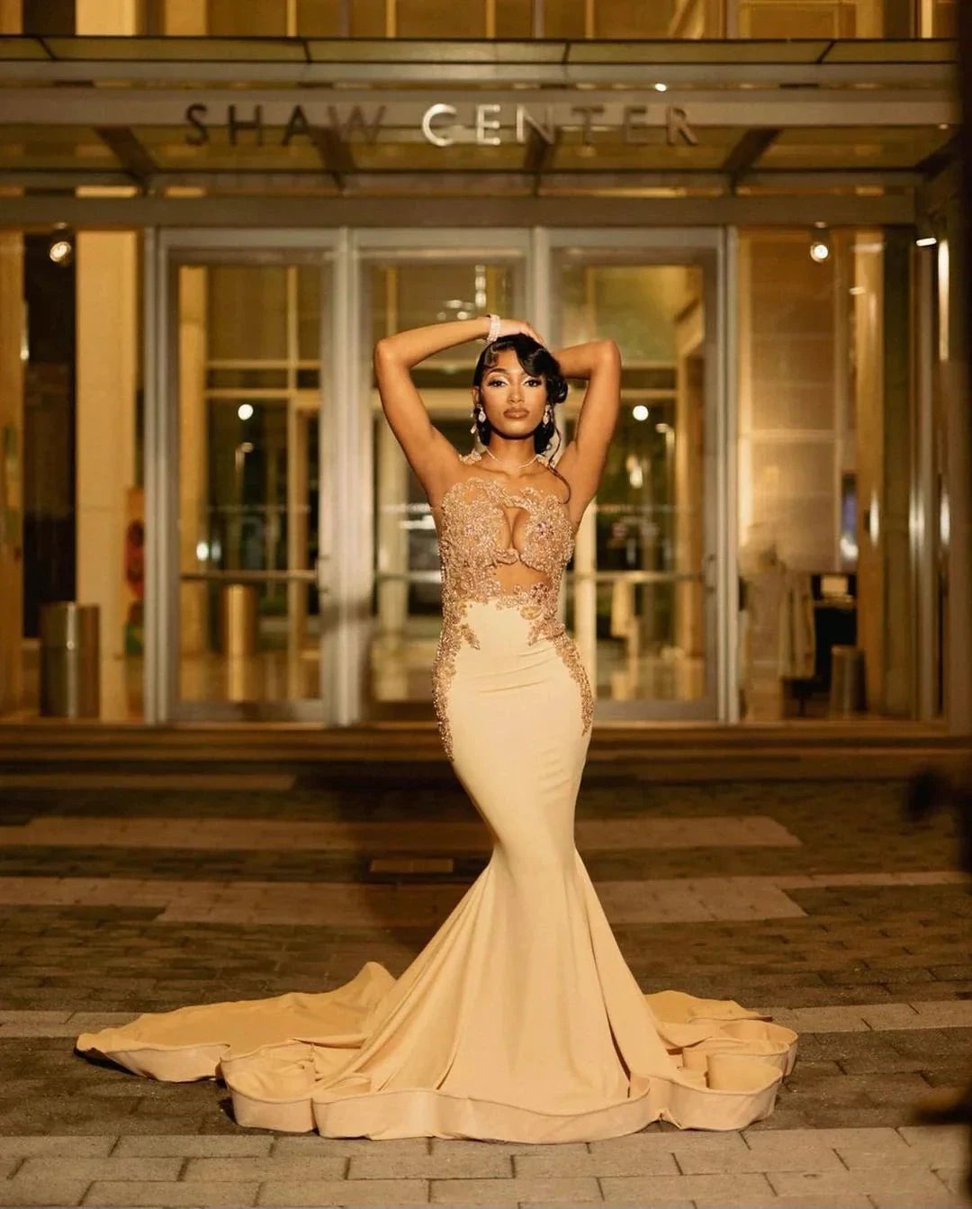 Beautiful Long Champagne Mermaid Sleeveless Beading Prom Dress With Lace by misshow.com