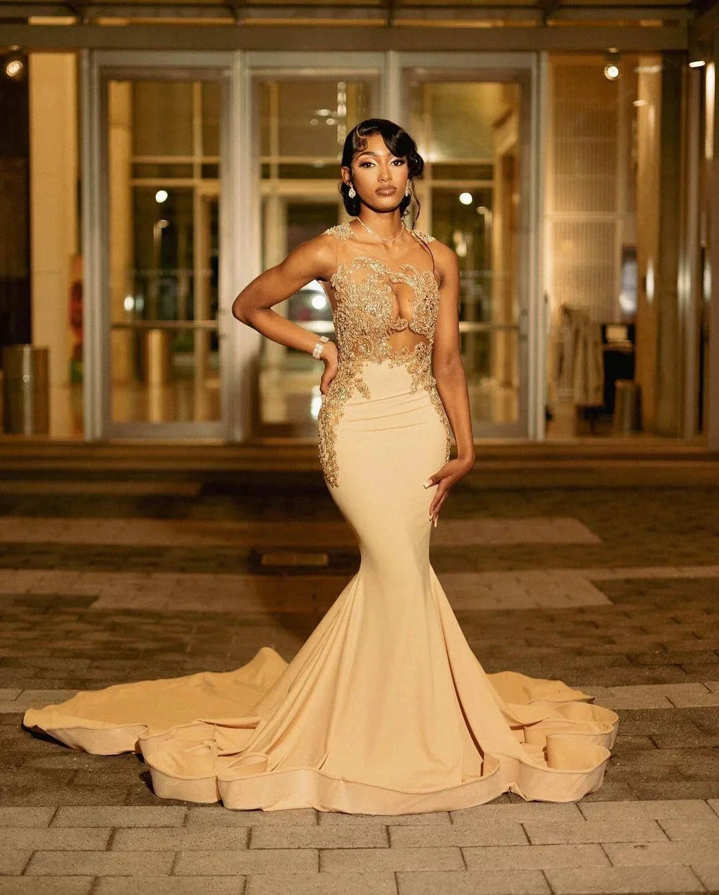 Beautiful Long Champagne Mermaid Sleeveless Beading Prom Dress With Lace by misshow.com