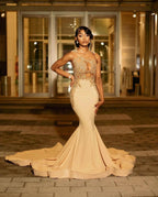 Beautiful Long Champagne Mermaid Sleeveless Beading Prom Dress With Lace by misshow.com