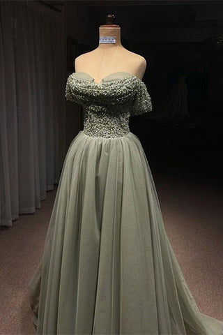 Wunderschönes langes grünes A-Linien-Ballkleid mit schulterfreiem Pailletten- und Perlenbesatz