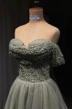 Beautiful Long Green A-line Off-the-shoulder Sequined Beading Prom Dress by misshow.com