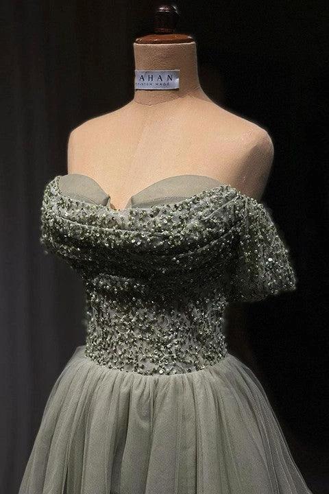 Beautiful Long Green A-line Off-the-shoulder Sequined Beading Prom Dress by misshow.com