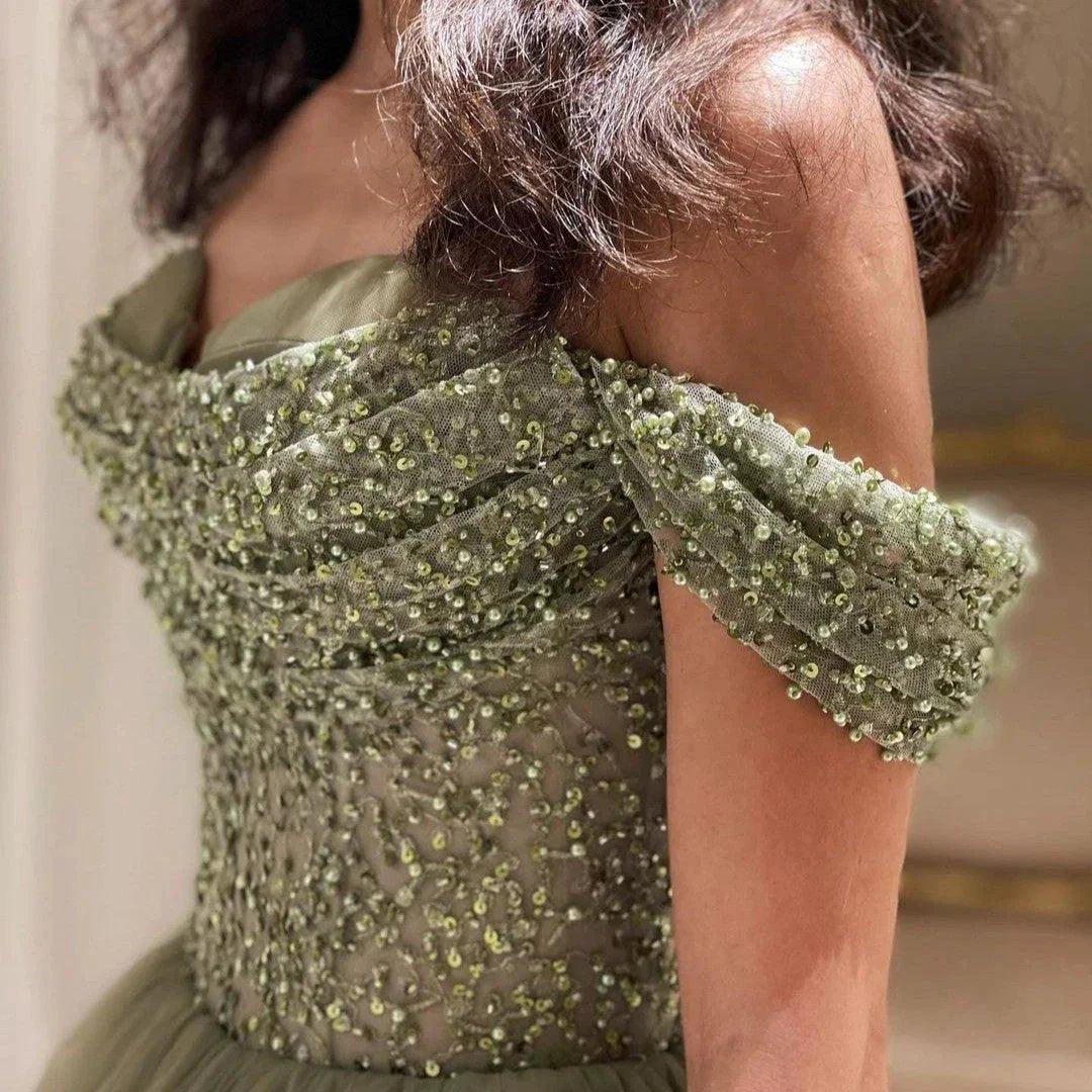 Beautiful Long Green A-line Off-the-shoulder Sequined Beading Prom Dress by misshow.com