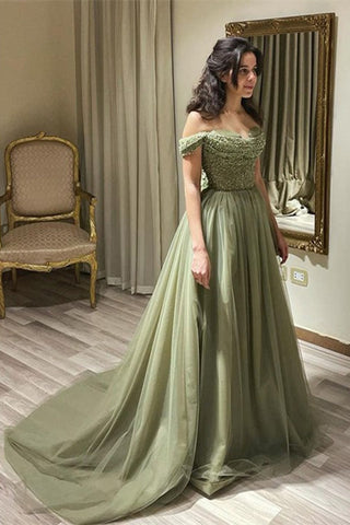 Wunderschönes langes grünes A-Linien-Ballkleid mit schulterfreiem Pailletten- und Perlenbesatz