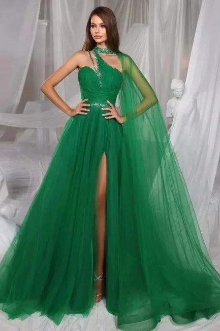Beautiful Long Green A-line Sleeveless Tulle Prom Dresses with Glitter by misshow.com